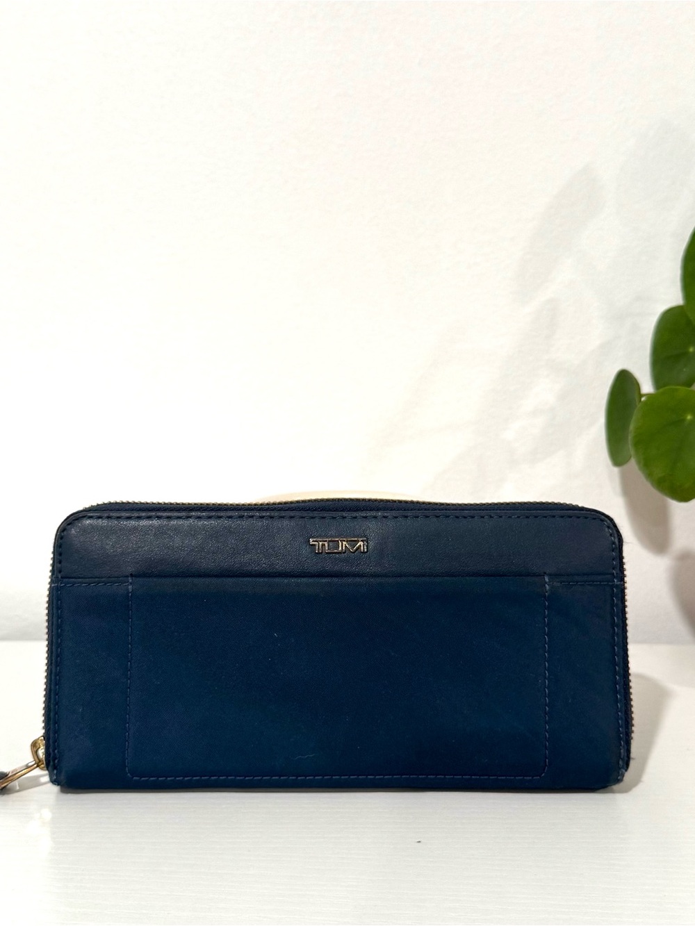 TUMI Voyageur Zip Around Continental Wallet Navy Nylon Leather Trim